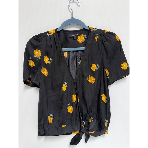 Madewell Tops - Madewell Black Floral Jacquard Tie Front Wrap Top Puff Sleeve XS Yellow Flowers